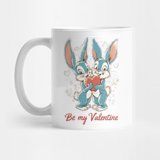 Be My Valentine: Classic Retro American Cartoon - Blue, Red, Cream Bunny Heart Mug